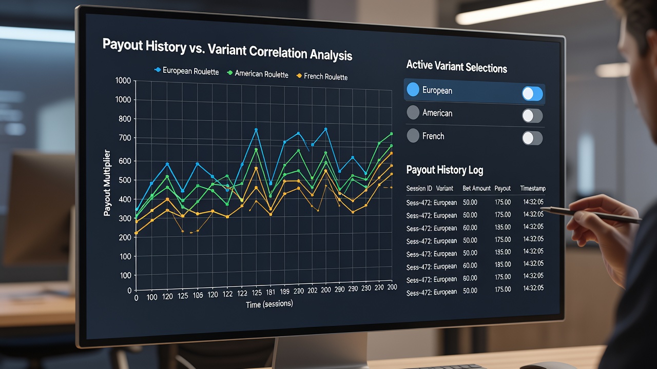 Digital roulette interface showing payout history panels alongside variant selection options on a casino platform
