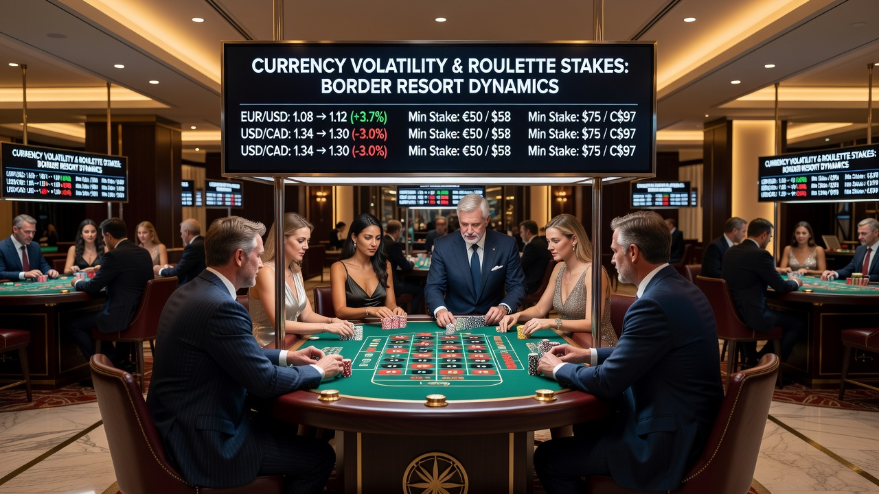 Border casino floor with roulette tables and currency exchange kiosk in background