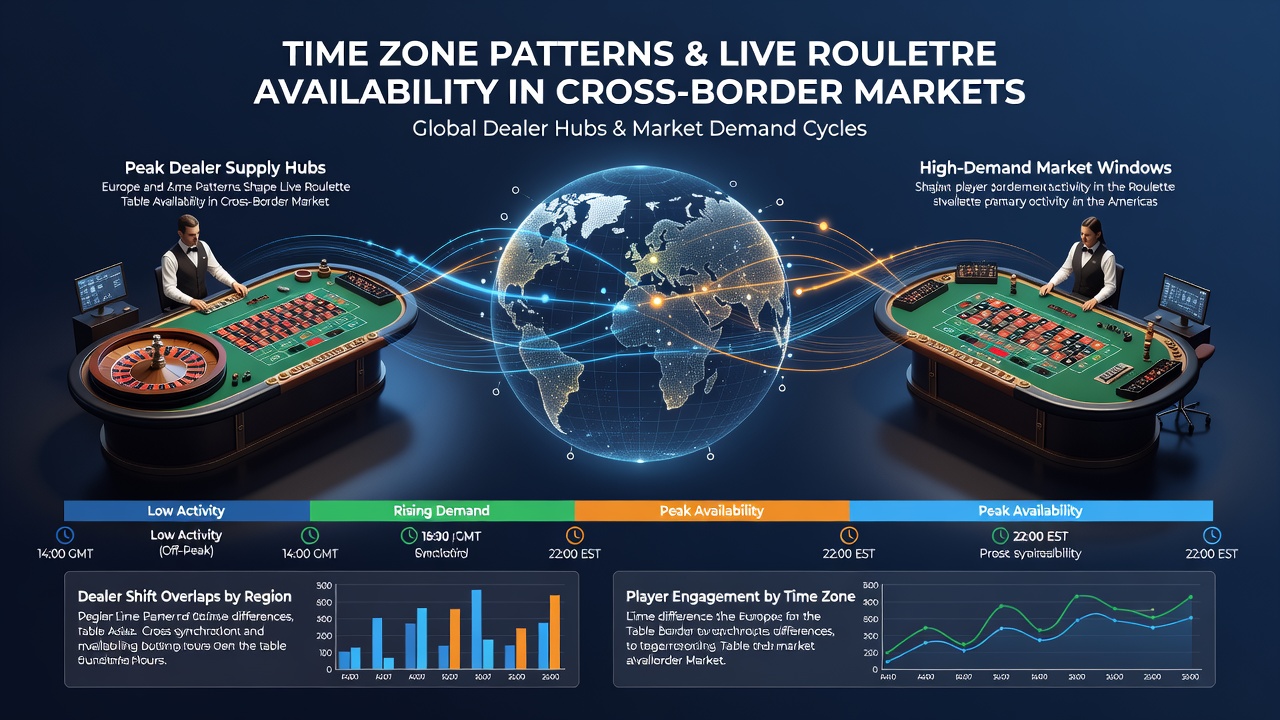 Global map illustrating time zone overlaps for live roulette dealer schedules