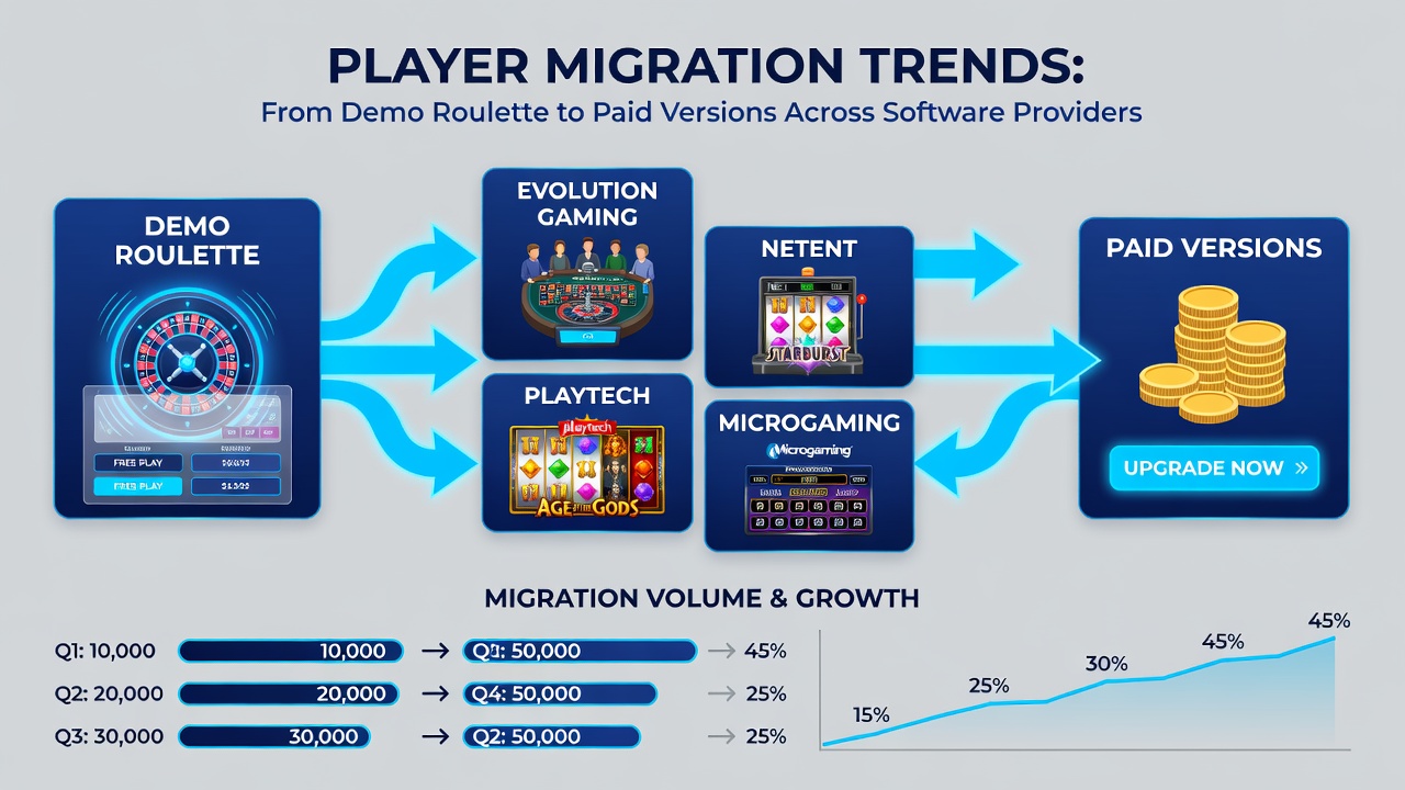 Chart displaying migration percentages from demo to paid roulette across leading software providers in 2026