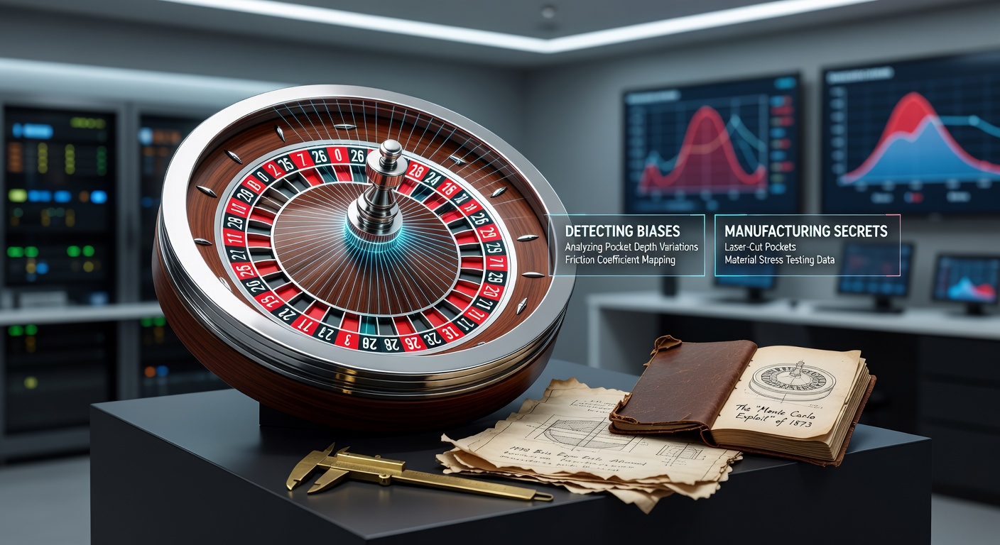 Close-up of a precision-engineered roulette wheel showing pockets and deflectors in motion