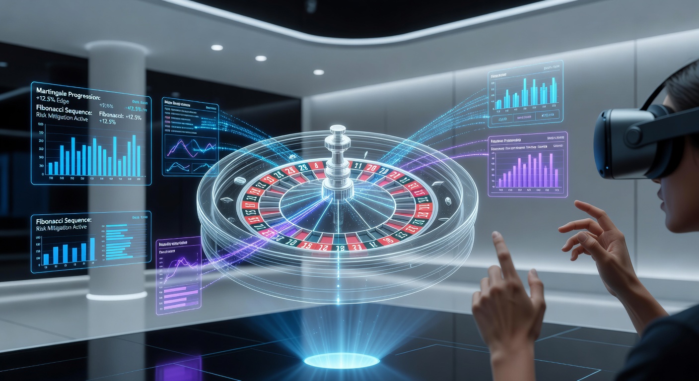Player using hand gestures to place roulette bets inside a virtual reality casino with strategy indicators visible